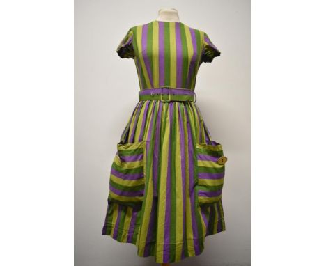 A 1950s 'Little Eve' cotton day dress, having original belt, large patch pockets to front with large statement button decorat