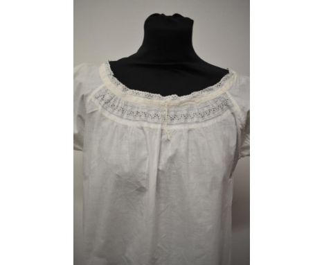 An early 1900s fine cotton nightdress with pin tucks, embroidery and ladder work and a Horrockses cottons shift.
