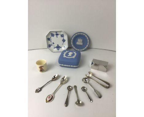 Royal Copenhagen Dish, Wedgwood Commemorative Pin Dish and Trinket Box, Cruet Set, Collectors Spoons, Sugarnips and Bunnykins