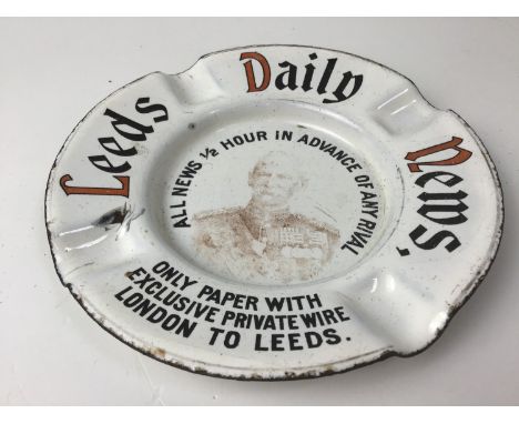 Victorian Enamel Leeds Daily News Advertising Ashtray   Pictorial of Military Officer with Medals 