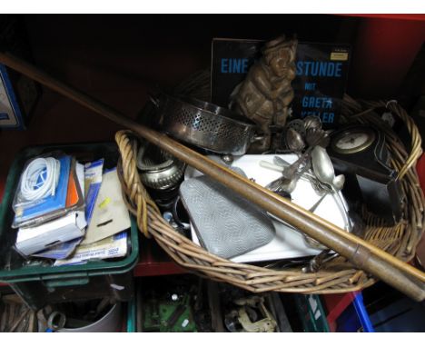Loose Plated Cutlery, enamel dish and cover, mantel clock, LP's, cameras, binoculars, E. J. Riley Ltd smoker rest, cane baske