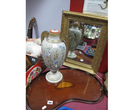 A Victorian Coloured Glass Vase, of ovoid form with applied twin gilt scroll handles, enamel overpainted decoration of blue t