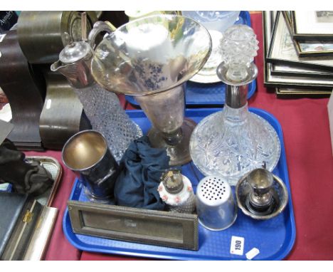 A Claret Jug, decanter, brass letter box, coinage, etc:- One Tray
