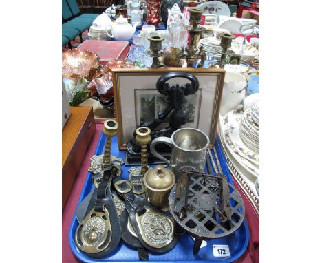 A Cast Brass Three Branch Candelabrum, pocket balance scales, horse brasses, trivet, cast iron door stop, etc:- One Tray