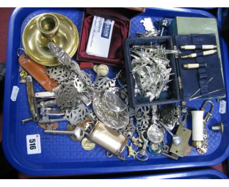 Openwork Ladies Belt, Continental spoons, brass candlestick, keys, British Legion badge, Ronson lighter, etc::- One Tray