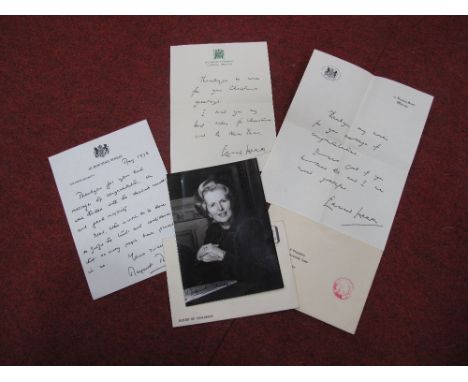 Political Autographs and Letters, a black and white portrait photograph of Margaret Thatcher with signature in blue ink, with