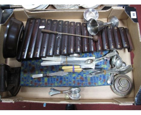 Smiths Bakelite Cased Wall Barometer, cutlery, xylophone, iron, weights, etc:- One Box
