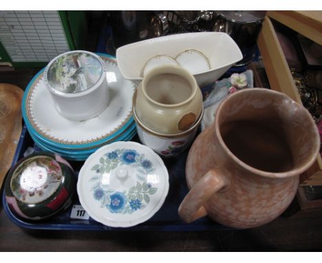 Four Royal Worcester Cabinet Plates, pattern 7368, puce mark, Arthur Wood ribbed jug, reproduction 'Derwent Water' jar, Conti