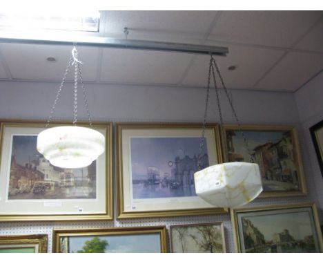 A Hexagonal Mottled Glass Ceiling Light, circa 1930's, another circular. (2)
