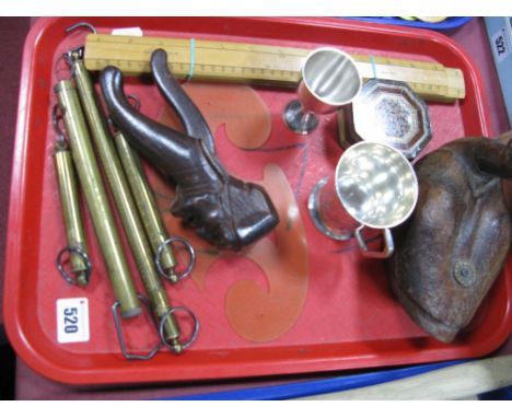 A Carved Duck, Indian? nut crackers with a carved face, brass Salters weighing scales, rulers, plated tankard, etc:- One Tray