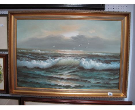Claude Terray Oil on Canvas, seascape with five gulls, 49.5 x 75cm, signed lower right.