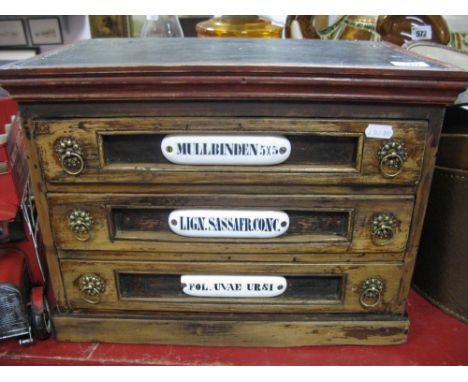 An Early 1900's Three Drawer Counter Top Apothecary Cabinet, with original ceramic black and white labels (Mullbinden 5 x 5 f