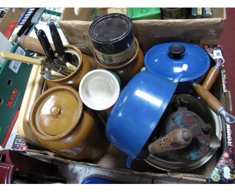 Le Creuset Cooking Pans/Pots, glazed stoneware storage jars, cutlery, vintage clamp grinder, etc:- One Box