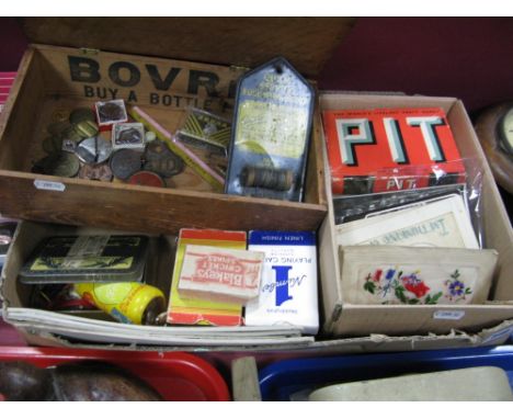 Swimming Award Badges, tokens, Bovril wooden box, playing card games, die, fuse wire holder, WWI silk postcards, etc:- One Bo