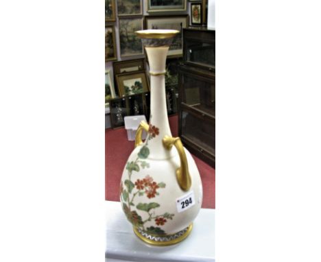 An Early XX Century Royal Worcester Twin Handled Vase, of stepped pear form, tall neck, decorated with flowers on a cream gro