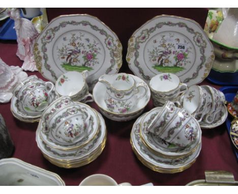 A Spode China Twelve Setting Tea Service, printed and painted decoration of exotic birds and butterflies amongst flowering tr