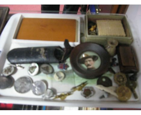Cased Spectacles, mother of pearl military brooches, 1951 Exhibition pin badge, miners check, snuff box, etc:- One Tray