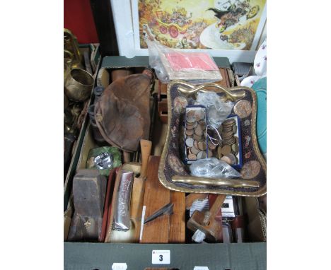 A Leather Flask, pre decimal G.B coinage, moulding plane, marker, spoke shave, Hohner harmonica, vanity set, binoculars:- One