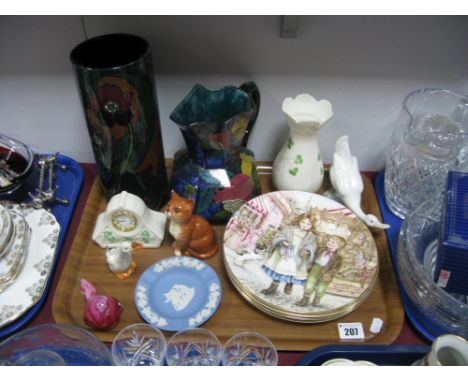 'Decoro' Vase, Rubens 'Pomegranate' jug (cracks), Worcester plates, Belleek clock, model animals:- One Tray