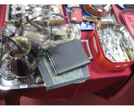 An Electroplated Twin Handled Tray, loose cutlery, candelabrum, match holder/striker, pepperette, tea service (damages), etc: