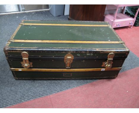 A Metal Bound Green Painted Hessian Travel Trunk, with wooden latted enforcers to top, front, back and base, twin leather car