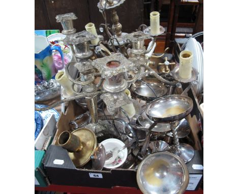 A Five Branch Candelabrum, plated champagnes, two heavy brass twin tap sets, brass light chandelier, match holder/striker, et