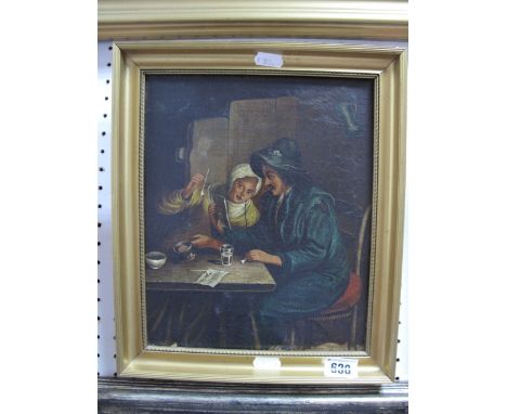 XIX Century Continental School Oil on Canvas, room interior with seated couple admiring pipe, 25.5 x 21cm. 