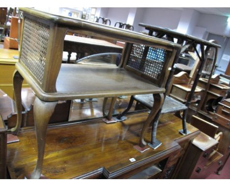 A Walnut Occasional table, quarter veneer top with under shelf, having bergere ends on slender cabriole legs, and a Victorian