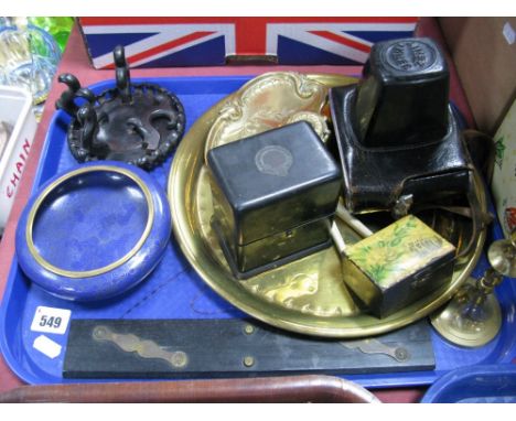 A Zenit Camera, bone dominoes in ebonised box, Chinese cloisonné bowl, brass inkwell, Welsh wedding box, etc:- One Tray