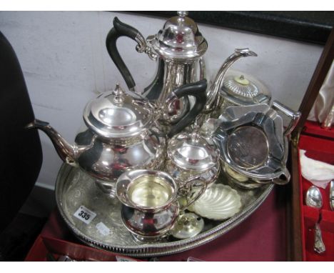 An Oval Plated Galleried Tray, four piece tea service, Gladwin sauce boat, other plated ware.