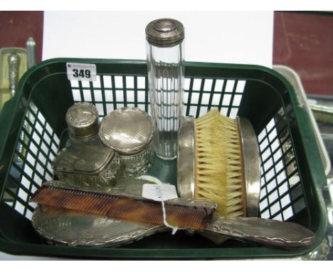 A Matched Pair of Hallmarked Silver Backed Brushes, a hallmarked silver backed hand mirror, dressing table jars/bottles and a