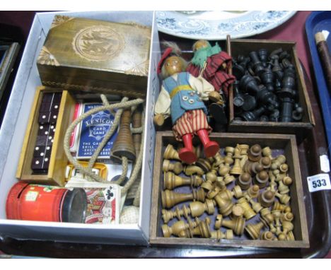 Turned Wooden Chess Pieces, playing cards, dominoes, skipping rope, peg dolls, tin plate post box, etc:- One Tray