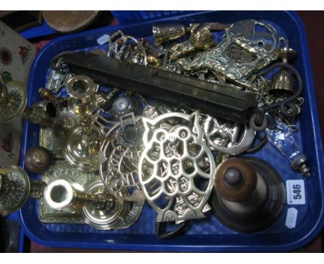 An Early XX Century Set of Salter Improved Balance Scales, trivets, candlesticks, horse brasses, bell, etc:- One Tray