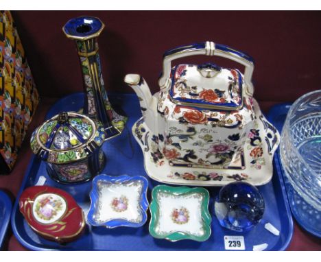 Mason's 'Mandarin' Pattern Teapot and Plate, 'Decoupage' pattern candlestick and oval lidded trinket box, Limoges trinket box