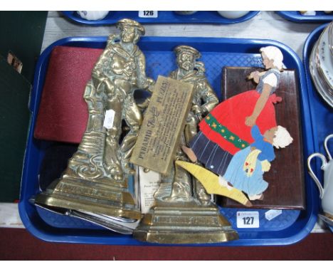 Britains Pride Brass Door Stops, coffee spoons, geometry set, postcards, etc:- One Tray
