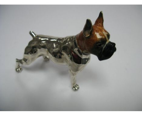 A Modern Saturno Style Hallmarked Silver and Enamel Model Boxer Dog, MH, Sheffield 2000, 13cms high. 