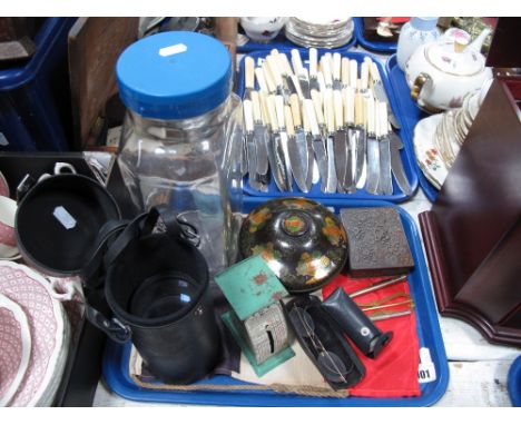 A Vintage Glass Sweet Jar, antimony box, Rowntree Sweet tin, spectacles, lens, Trustee postal scales, Tricolore flag, etc:- O