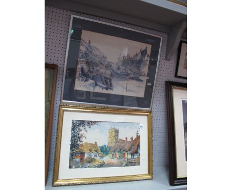 S. R. Fever Watercolour, country hamlet with thatched cottages and church, 26.5 x 43cm, signed lower right, Fred Williams, St