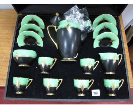 A Carlton Ware Art Deco Black, Green and Gilt Coffee Service, comprising six saucers, six cups, sugar bowl, cream jug and (ba