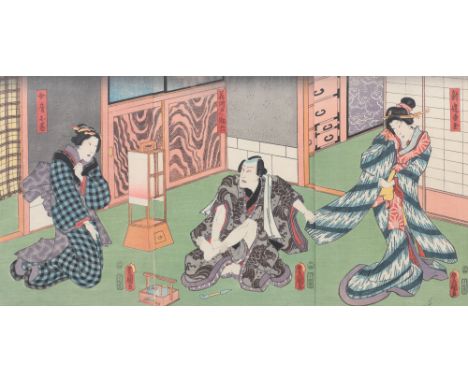 nishiki-e woodcut, 36 x 72 cmsigned on the first oban, lower left ”Toyokuni ga”, seconda oban, lower left ”Toyokuni ga”, thir
