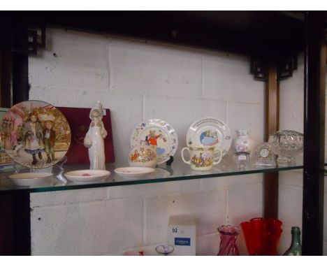 Shelf of china and glass to include Bunnykins and Royal Worcester