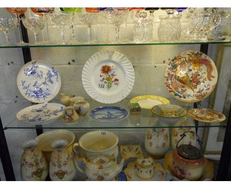 Shelf of china to include Royal Worcester, Crown Derby and Delft