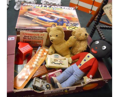 Collection of toys to include teddies, Golly & Scalextric