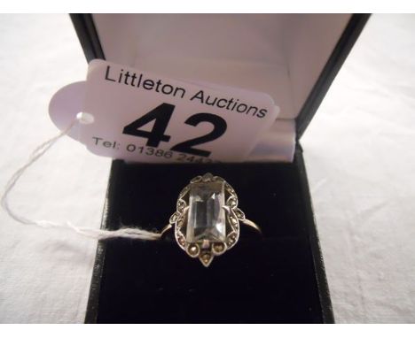 Edwardian gold & silver mount quartz crystal and marcasite ring