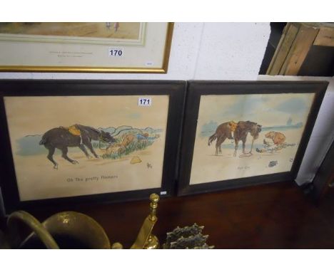 Pair of watercolours - Cartoon hunting scenes