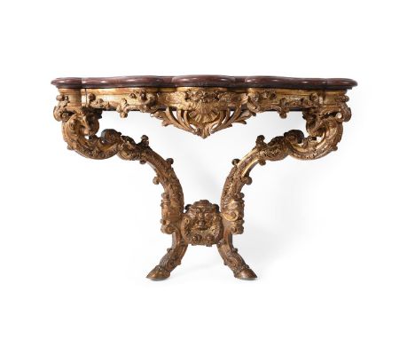 A CARVED GILTWOOD AND GESSO CONSOLE TABLEIN EARLY 18TH CENTURY REGENCE STYLE, STAMPED H. NELSON, PROBABLY 19TH CENTURYWith sh