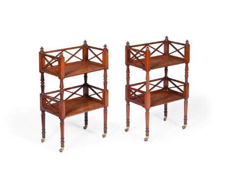 A MATCHED PAIR OF REGENCY MAHOGANY TWO TIER ETAGERESCIRCA 181079cm high, 45.5cm wide, 27.5cm deepAn almost identical single e
