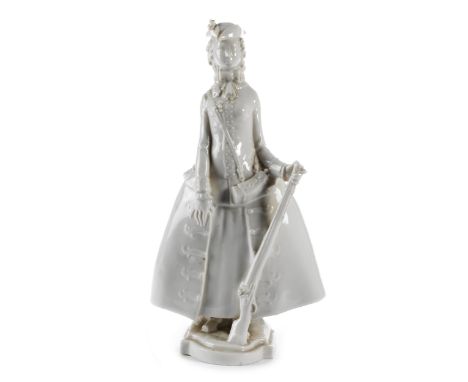 Paul Scheurich, 1883 New York – 1945, PORZELLANFIGURINE „JÄGERIN“Höhe: 26 cm.Prägemarke „Schwarzburger Werkstätten - Porzella