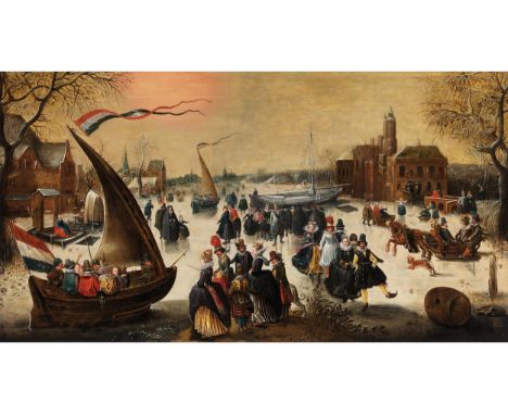 Adam von Breen, um 1590 – um 1645, zug.ELEGANTE GESELLSCHAFT BEIM EISVERGNÜGENÖl auf Holz. Parkettiert.56,5 x 104 cm.Betont b
