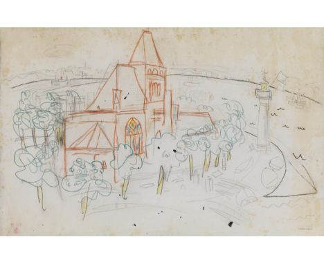 Raoul Dufy, 1877 Le Havre – 1953 ForcalquierSKIZZE ZU „DIE KIRCHE VON QUILLEBEUF“Mischtechnik (Bleistift, Kohle, Pastell und 